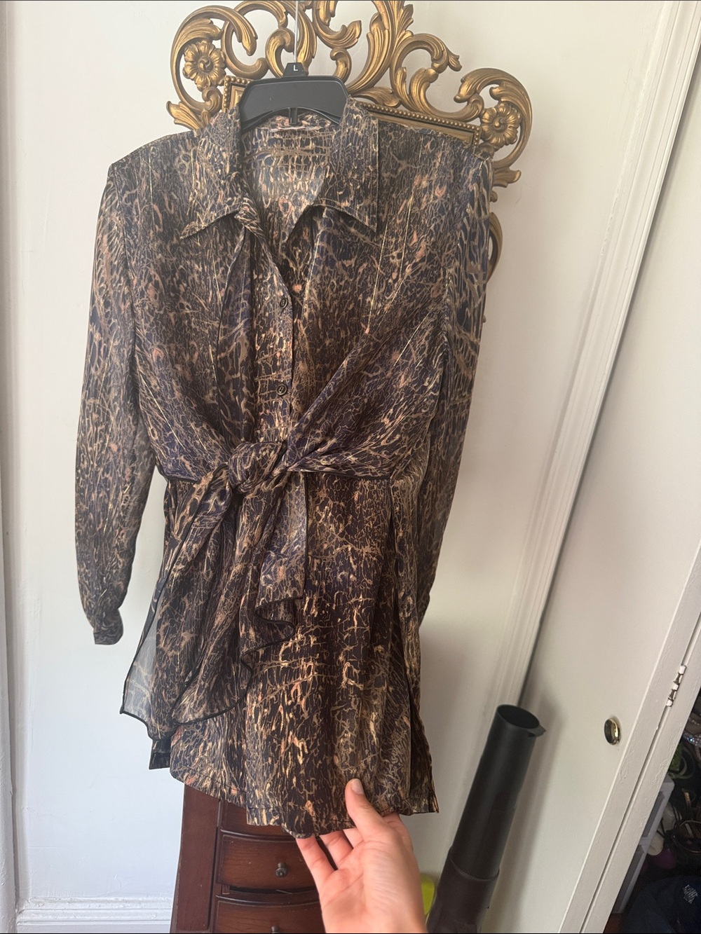 90’s office siren Won Moa button down with sheer sleeves and unique waist tie